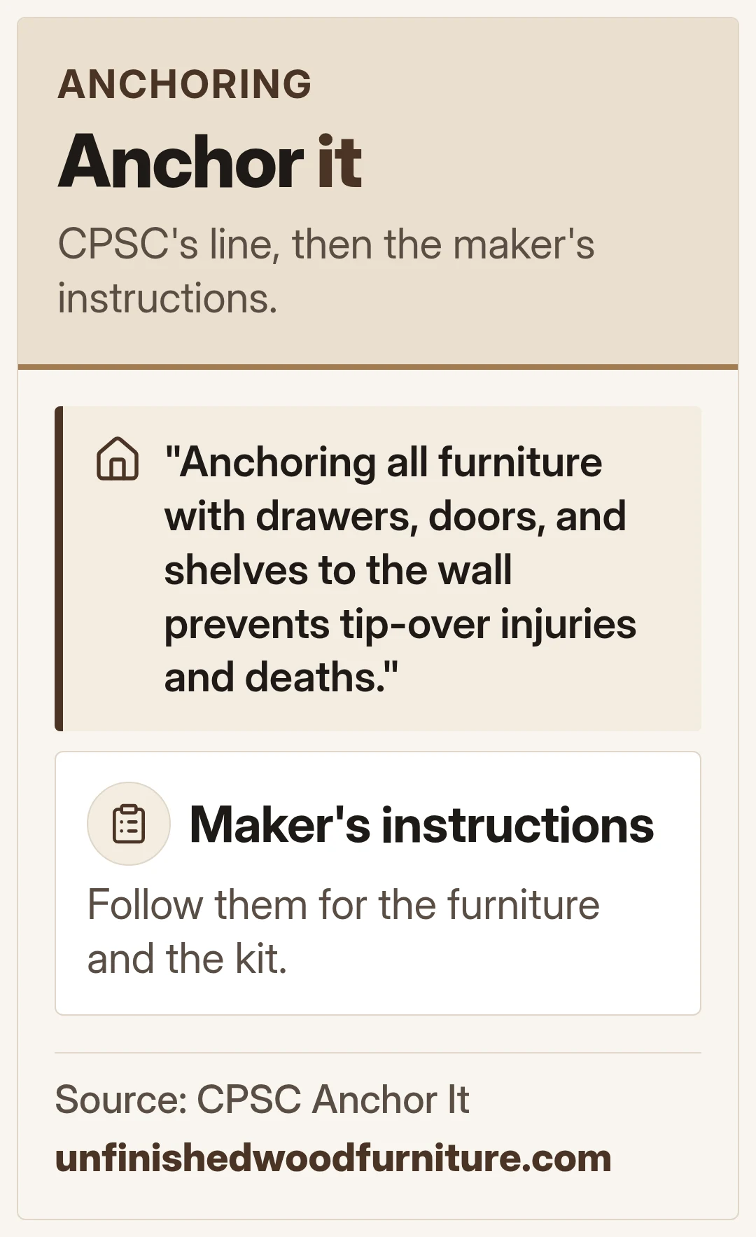 Anchor it. CPSC's line, then the maker's instructions.