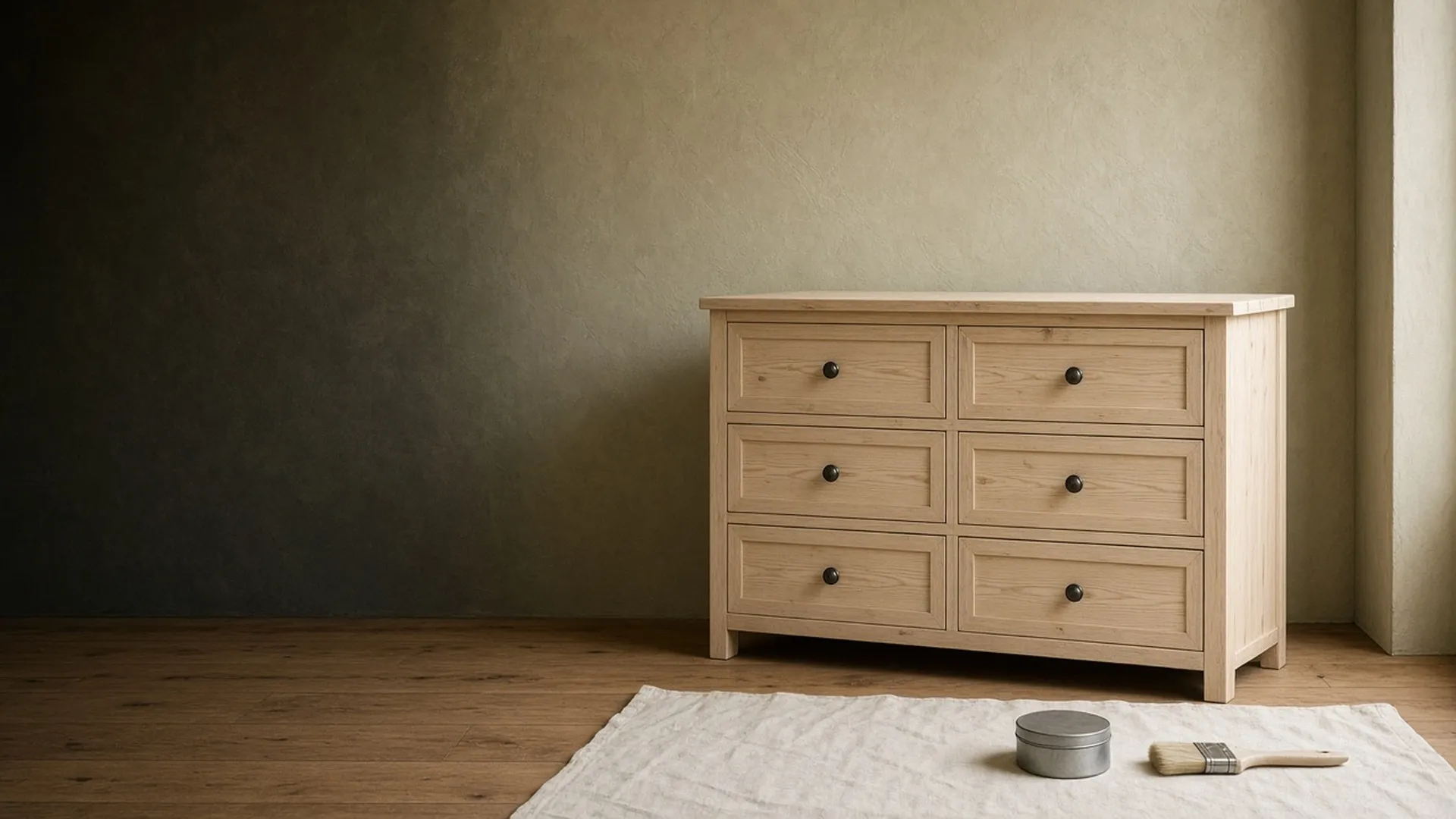 A bare unfinished wood dresser with closed drawers against a pale plaster wall