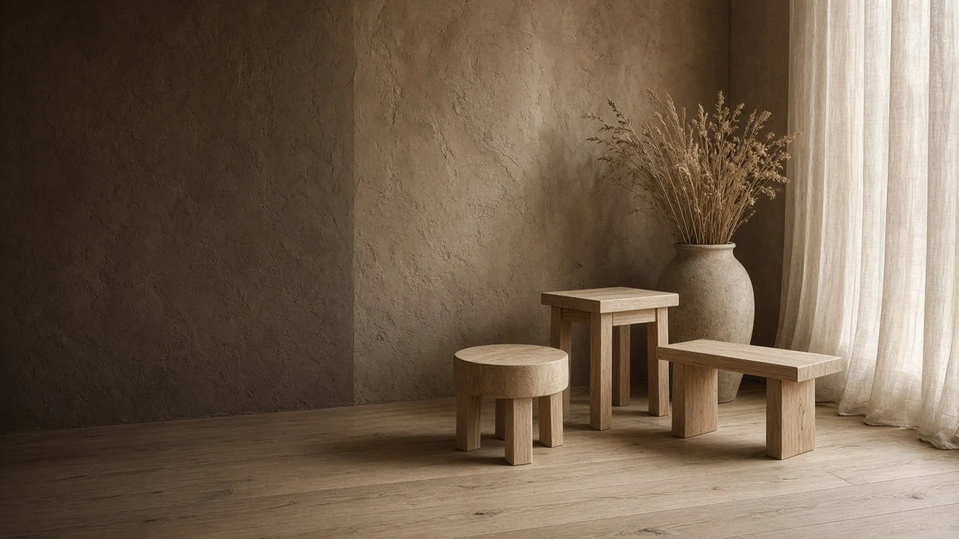 A bare unfinished wood side table, stool, and low bench in a bright empty room