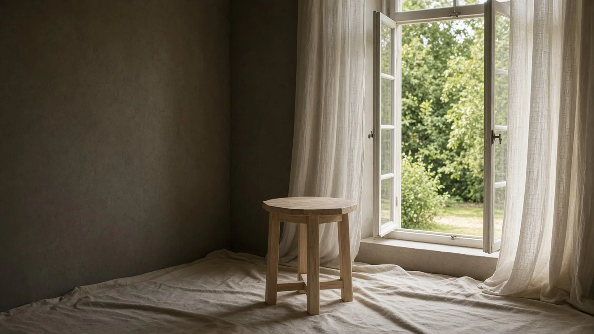 A bare wood side table on a plain drop cloth beside a wide open window