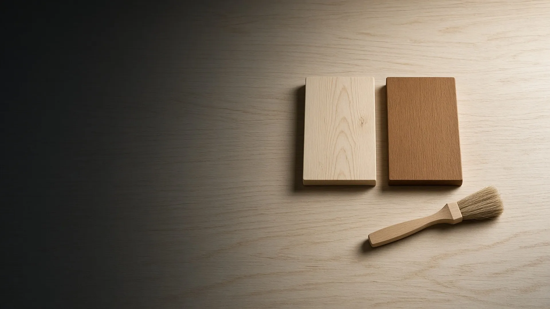 Two small wood boards, one bare and one finished, beside a clean dry brush
