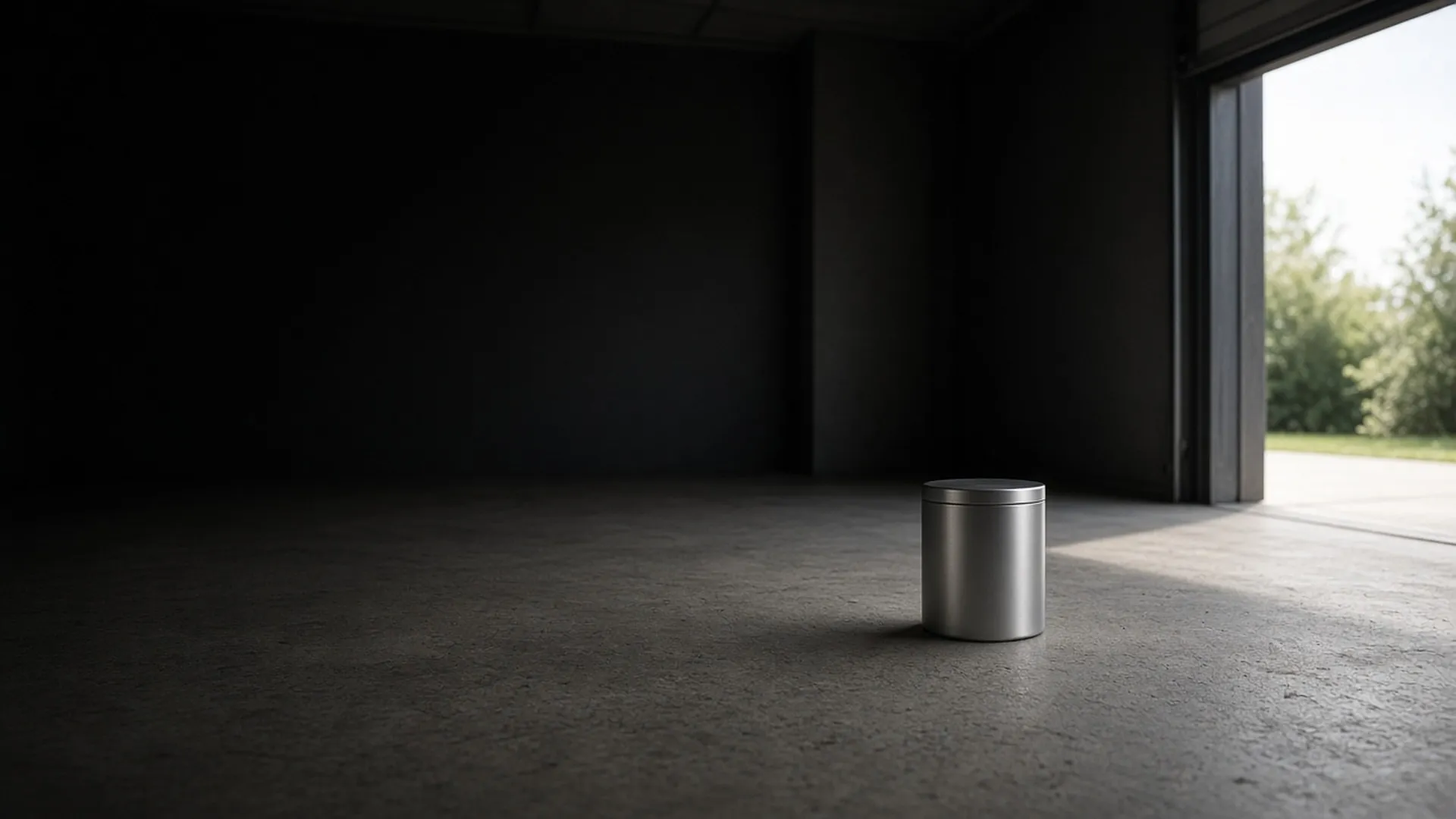 A closed plain metal container with a tight lid on a concrete floor in daylight