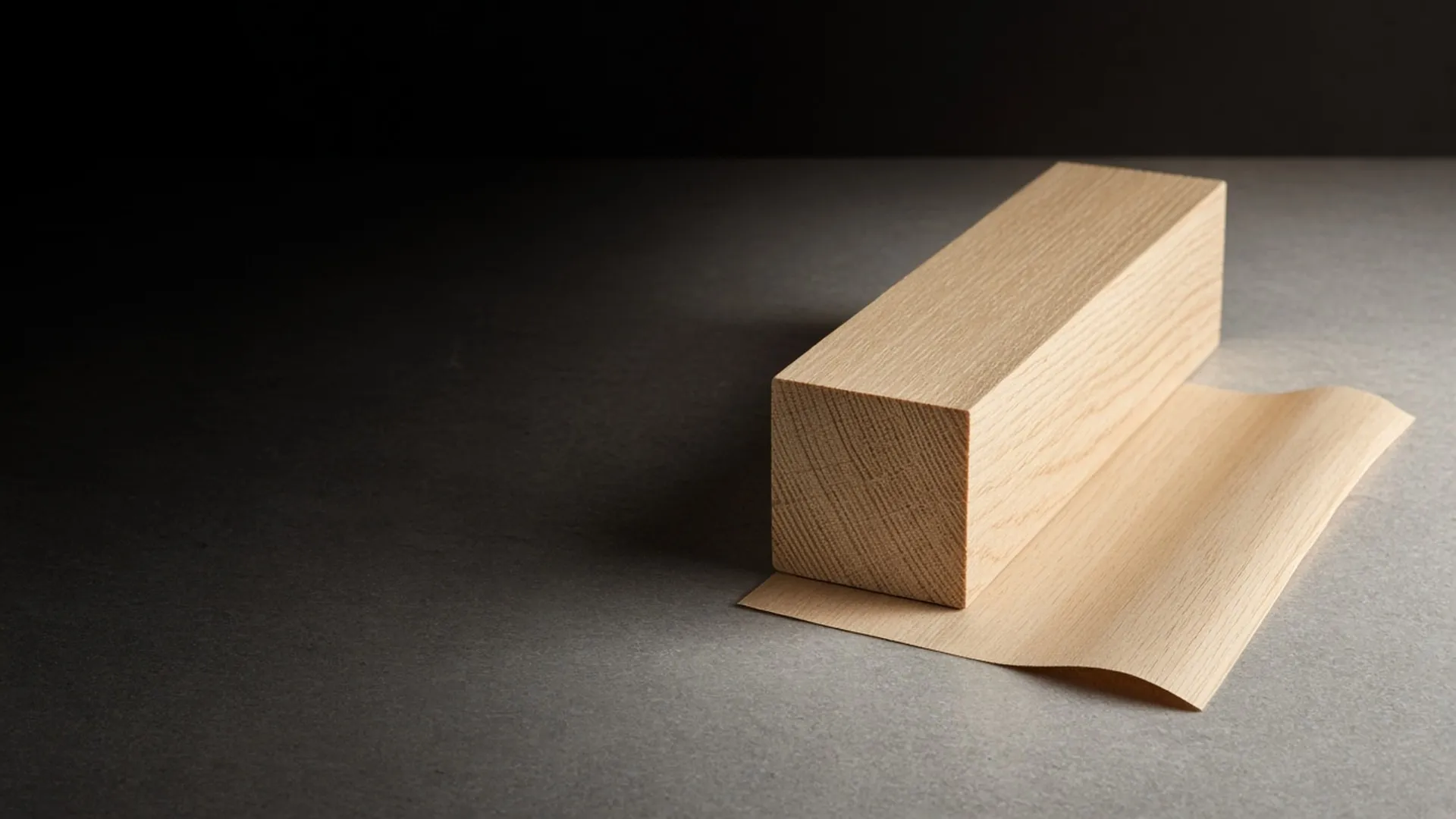 Close view of a bare wood board edge beside a thin sheet of wood veneer