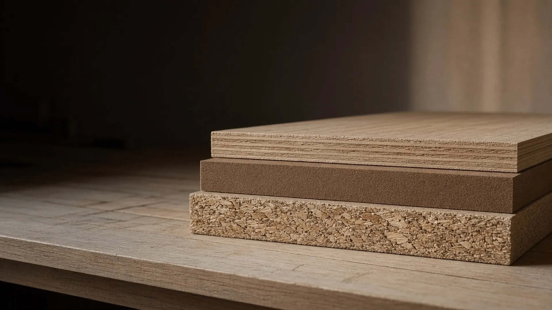 Edges of plywood, fiberboard, and particleboard offcuts stacked on a plain workbench