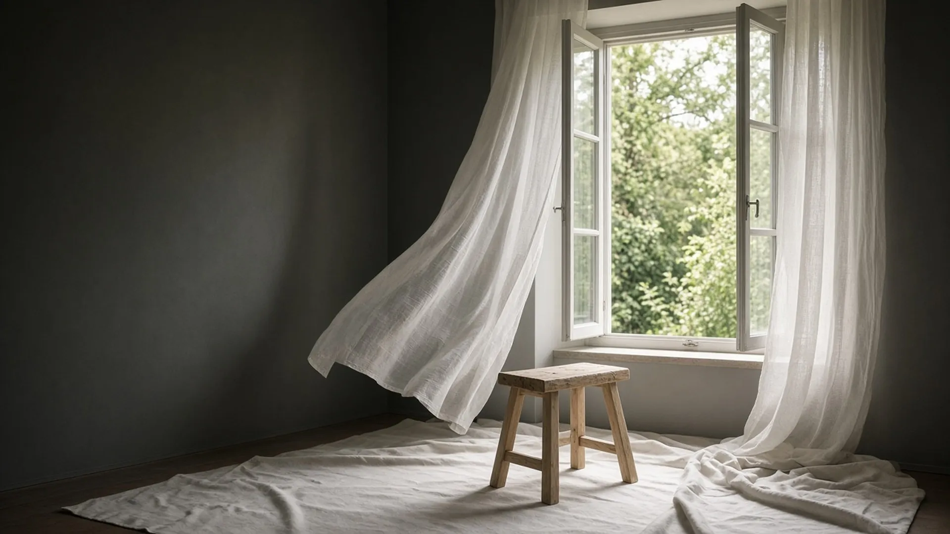 A bare wood stool on a plain drop cloth in front of a wide open window