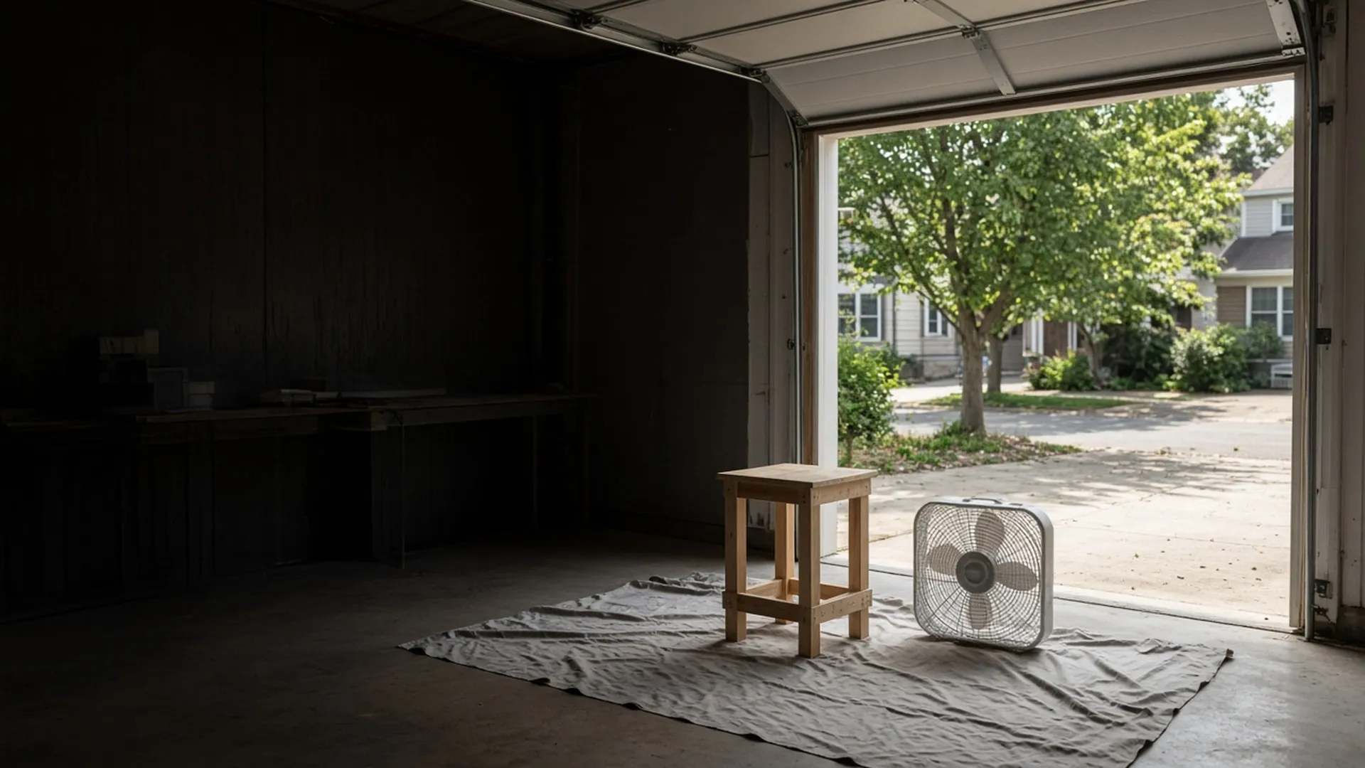 A bare wood side table on a drop cloth inside an open garage door