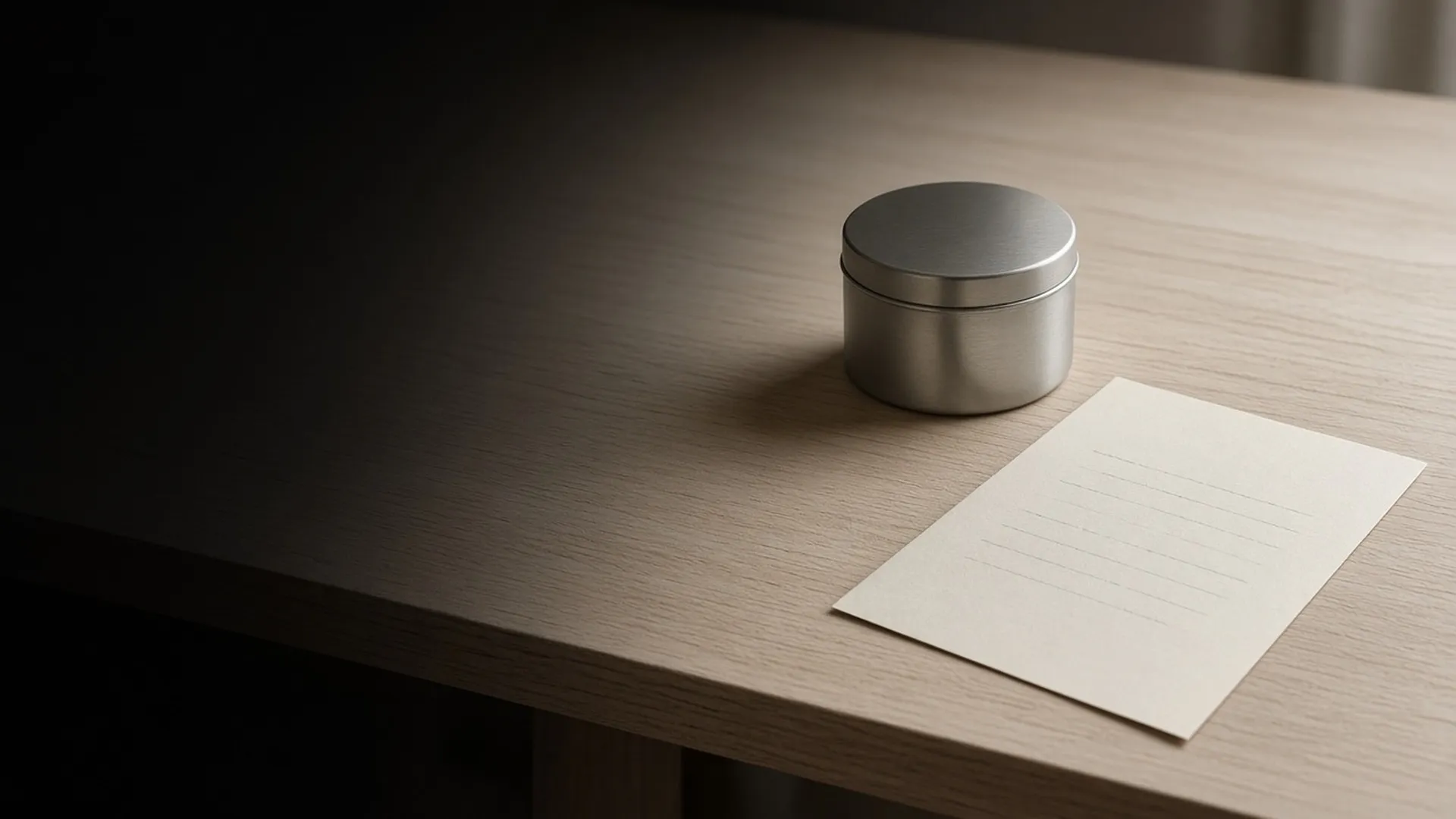 A closed unlabeled metal tin beside a blank sheet of paper on a workbench