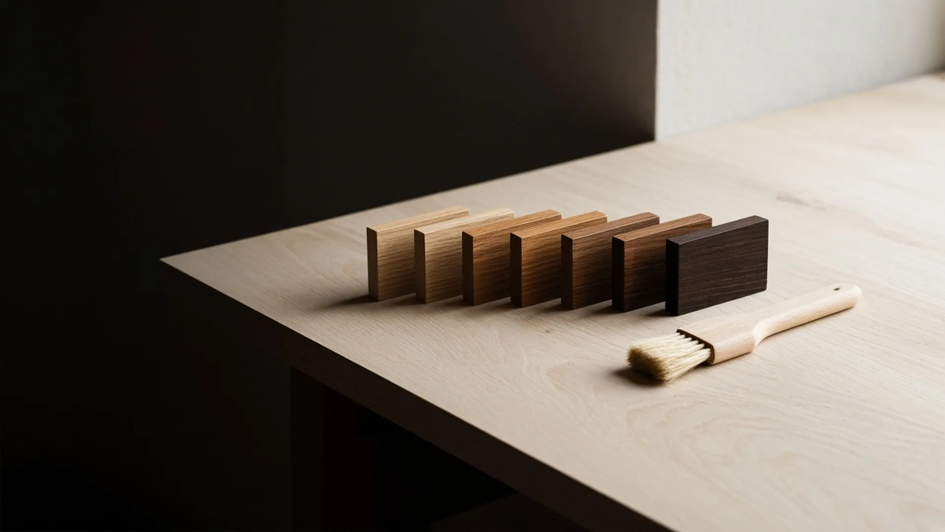 A row of small wood sample boards in warm brown tones beside a dry brush