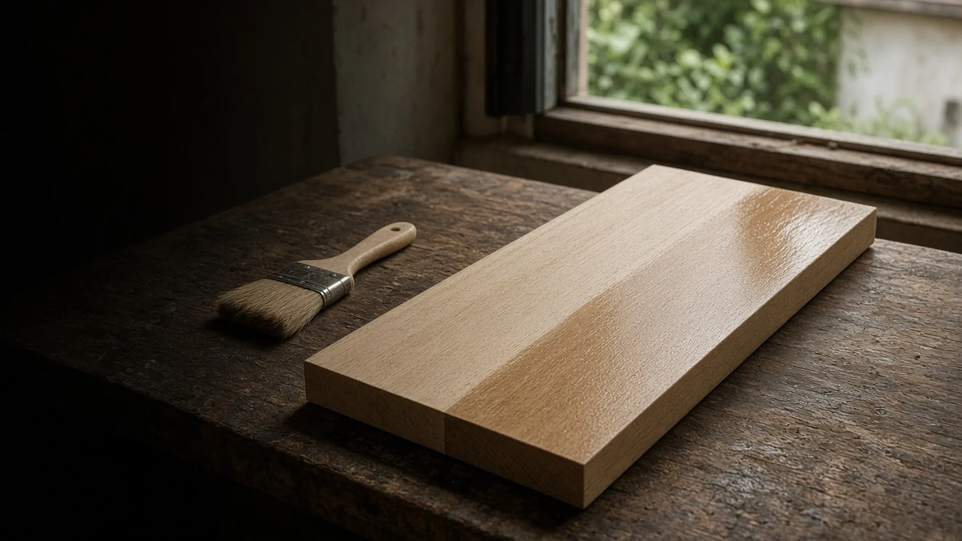 A wood board half coated in a dry clear finish beside a clean brush