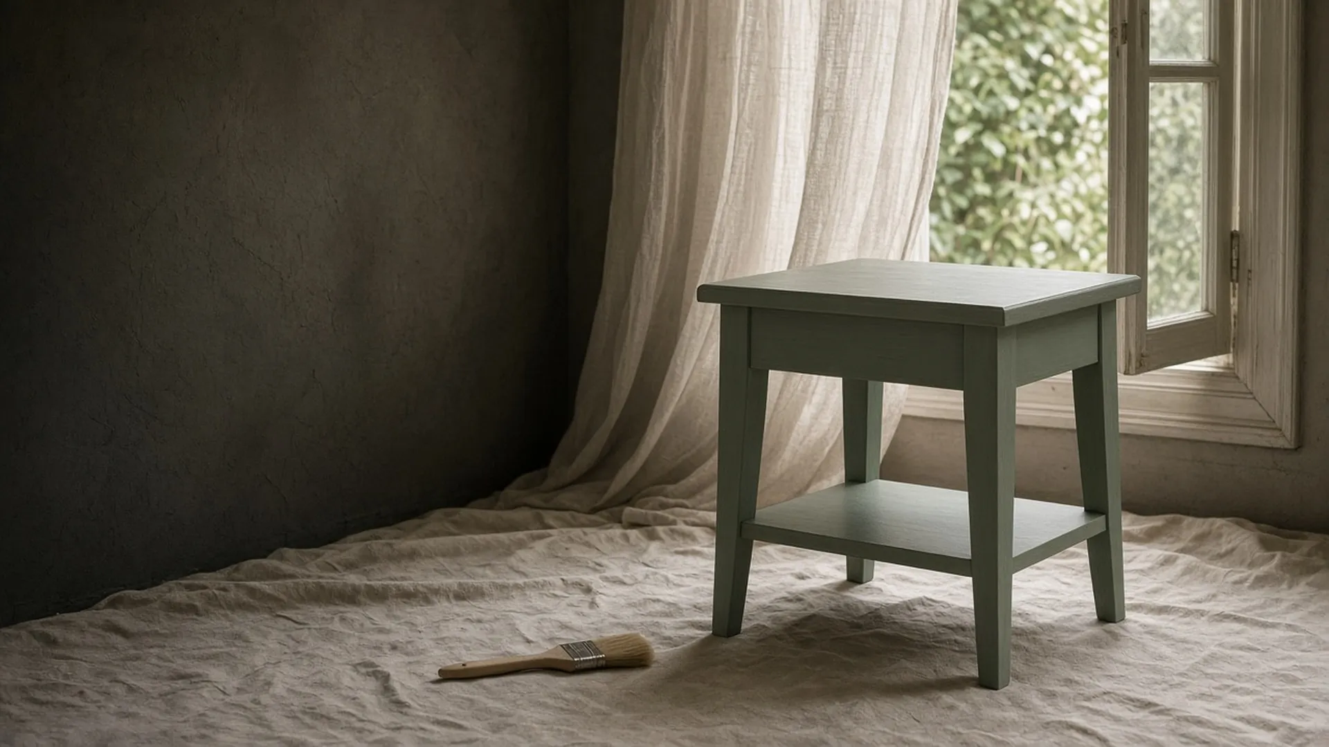 A small new side table painted matte sage, dry, on a drop cloth by a window