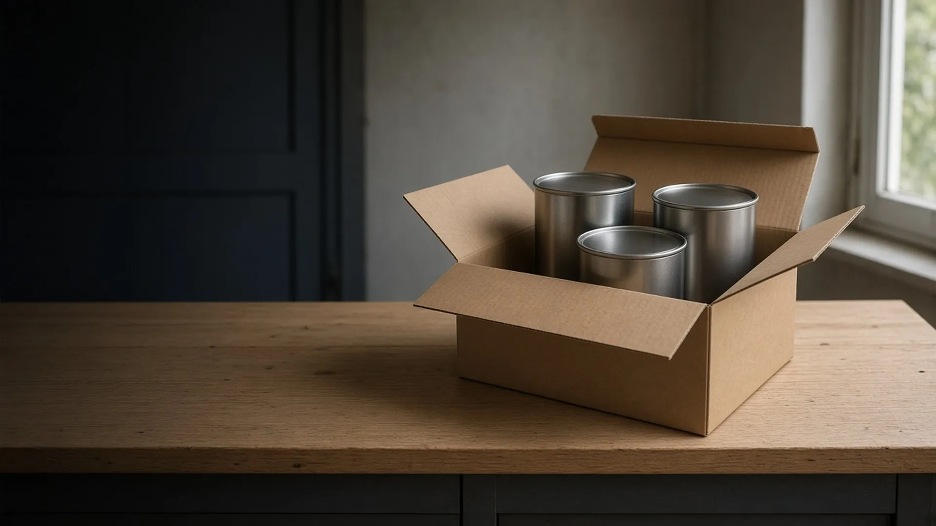 Three closed unlabeled metal tins in a plain cardboard box on a garage workbench