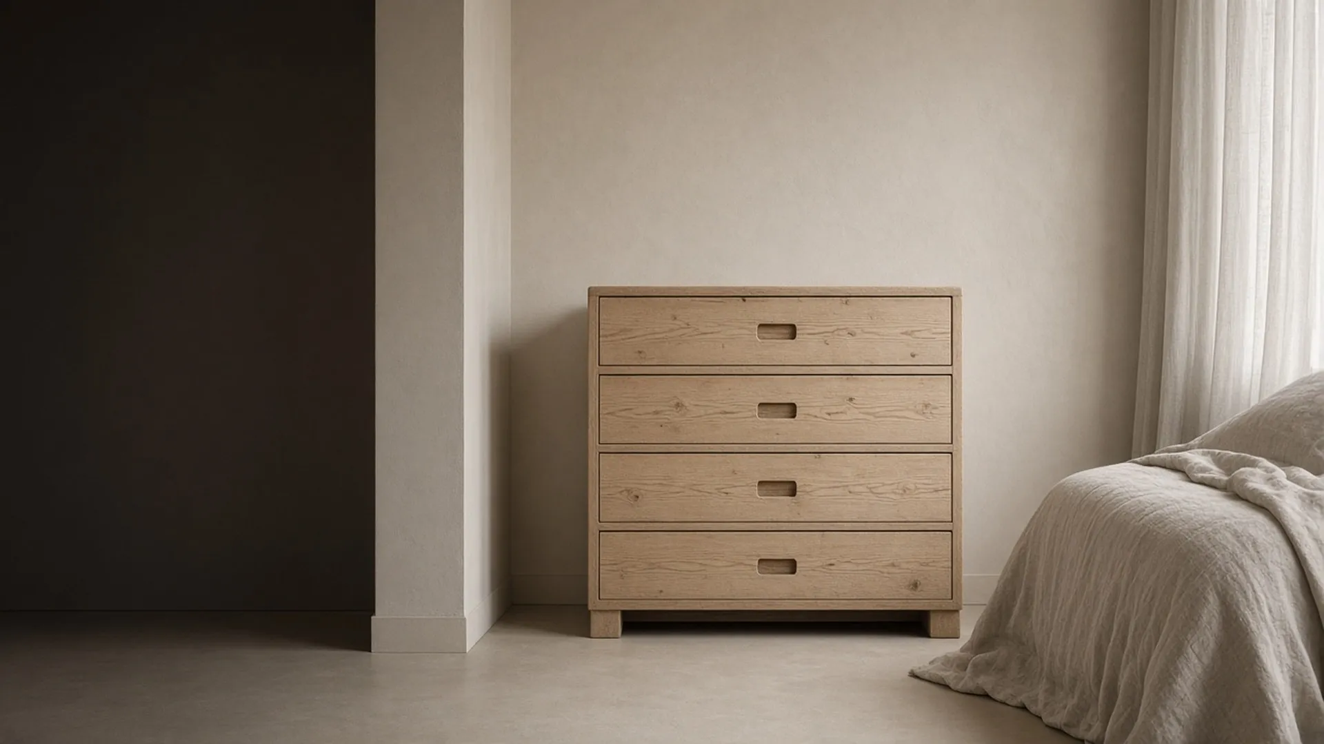 A bare wood chest of drawers, all closed, flat against a pale bedroom wall