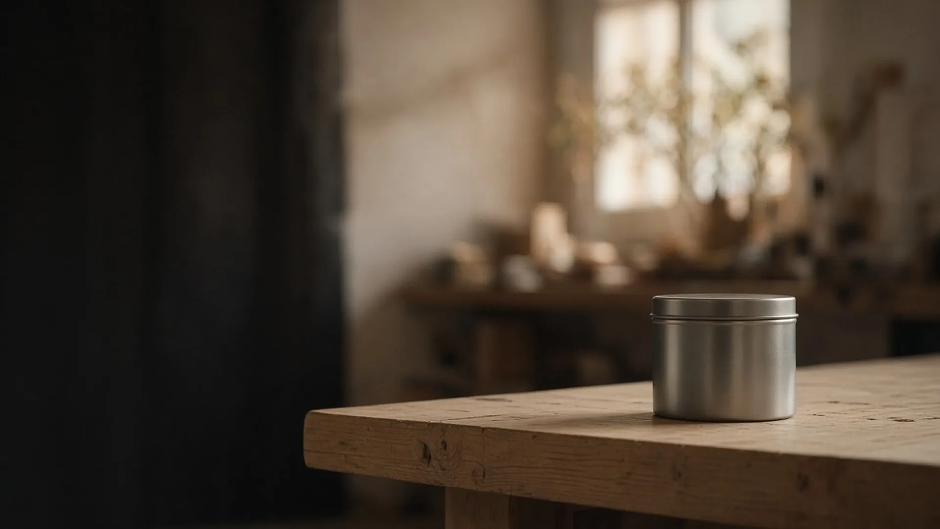 A calm workroom with a bare wood bench and a closed tin, softly blurred