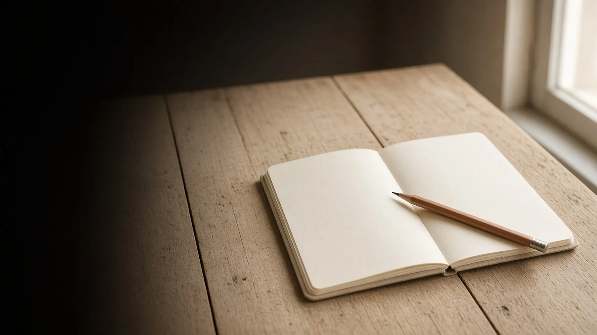 An open notebook and a pencil on a bare wood desk in warm daylight