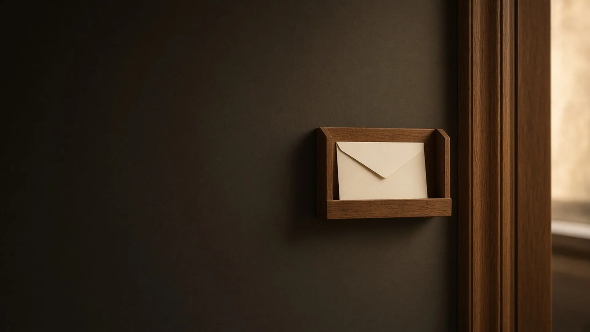 A single sealed plain envelope in a wooden wall mail tray by a door