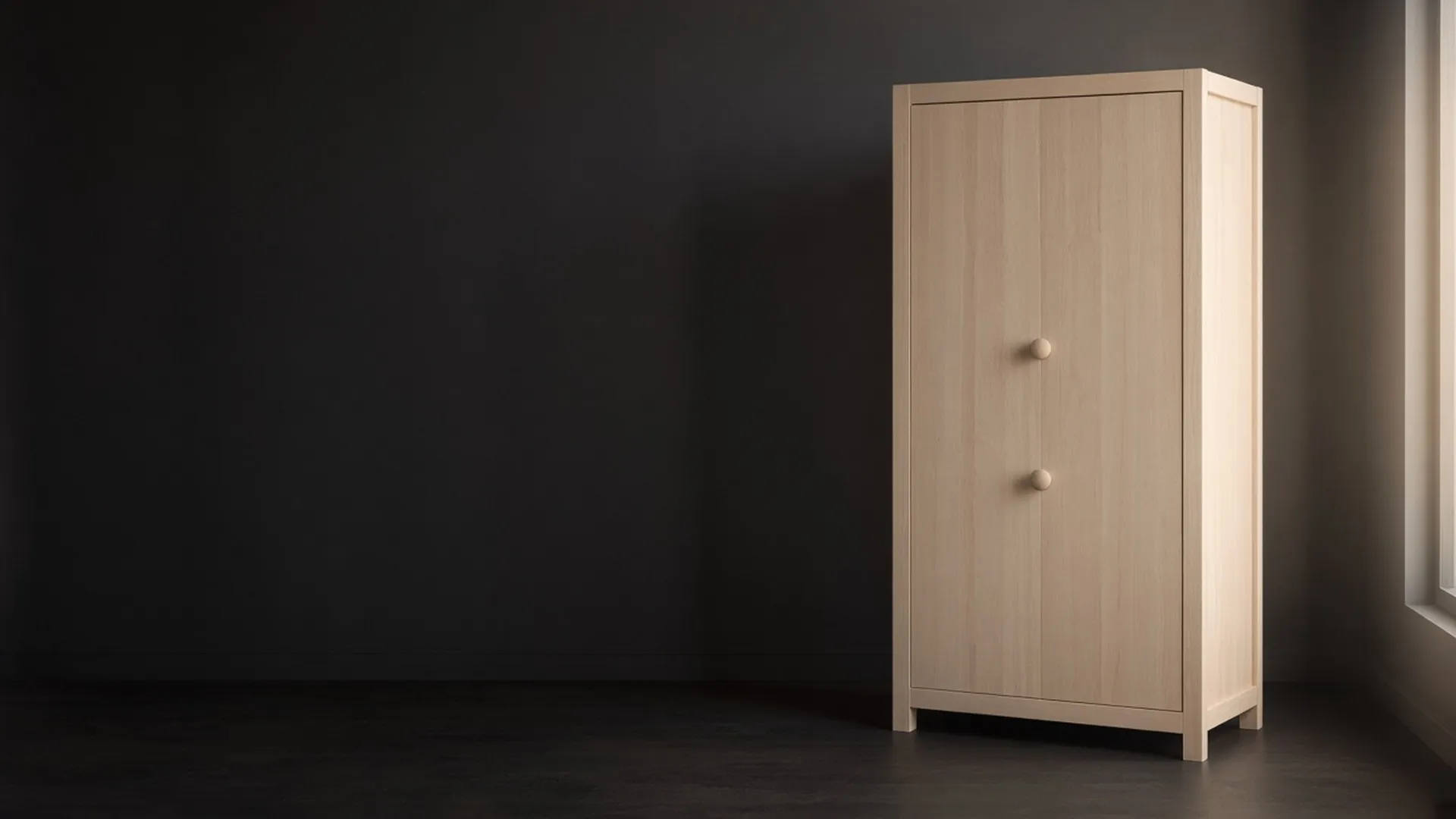 A closed bare wood cabinet with plain round wooden knobs in a calm room