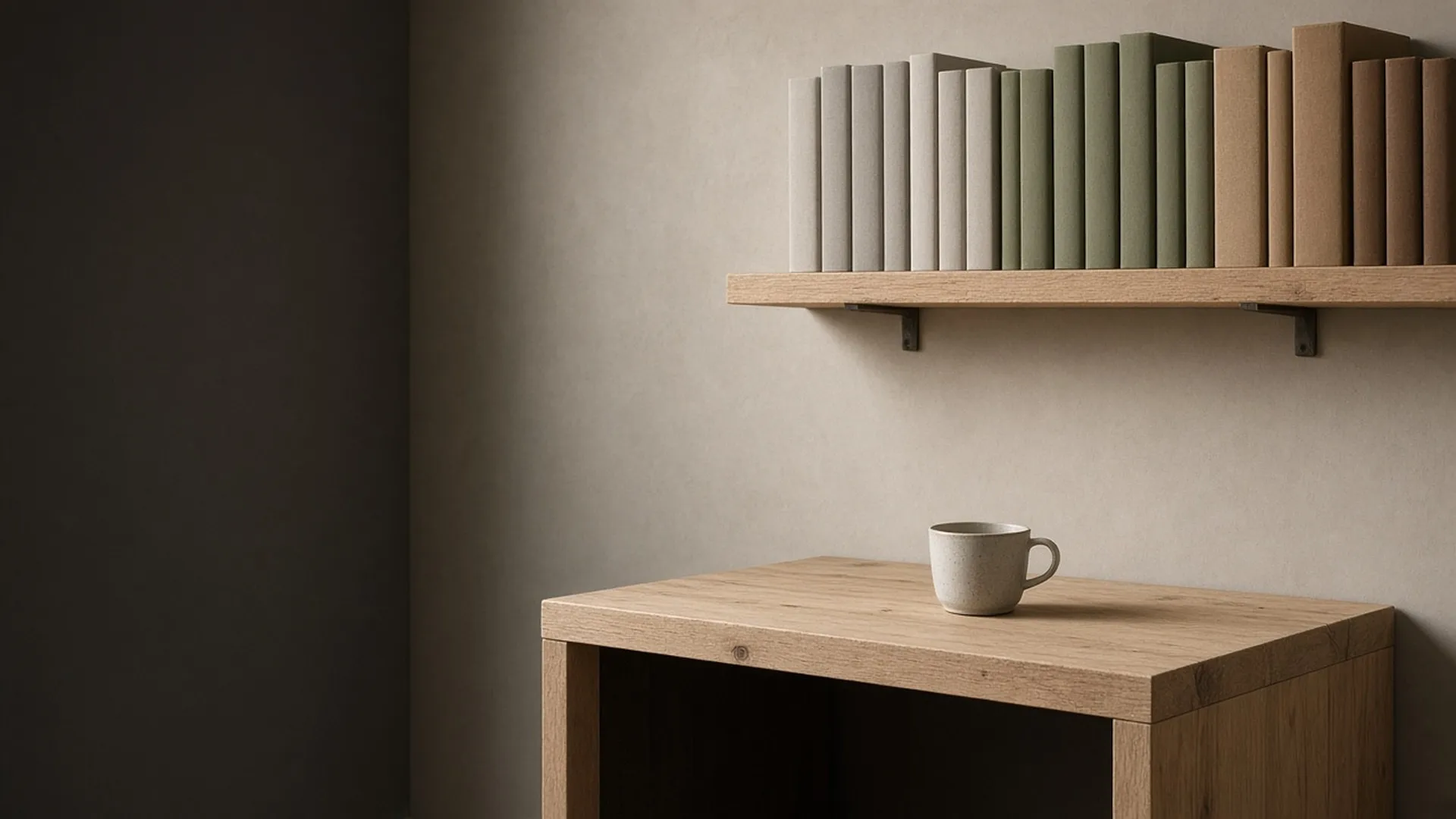 A shelf of plain hardback books with blank spines above a bare wood desk