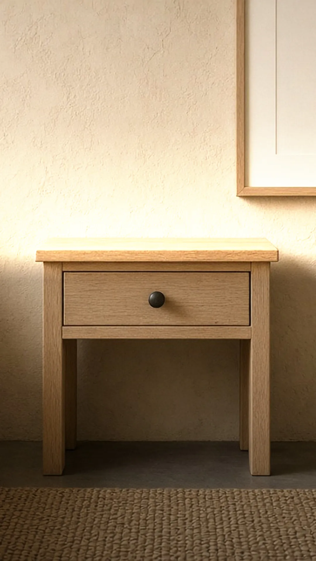 A bare unfinished wood nightstand with a closed drawer in a calm bedroom corner