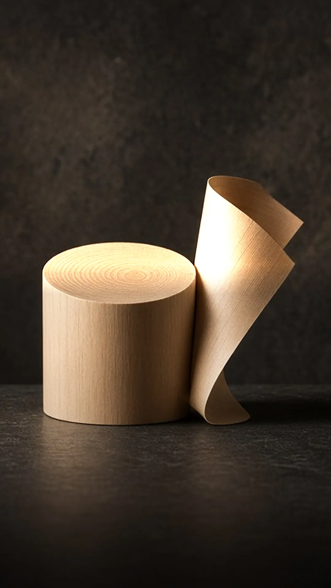 A bare wood cylinder beside a thin curled sheet of wood veneer on a dark surface