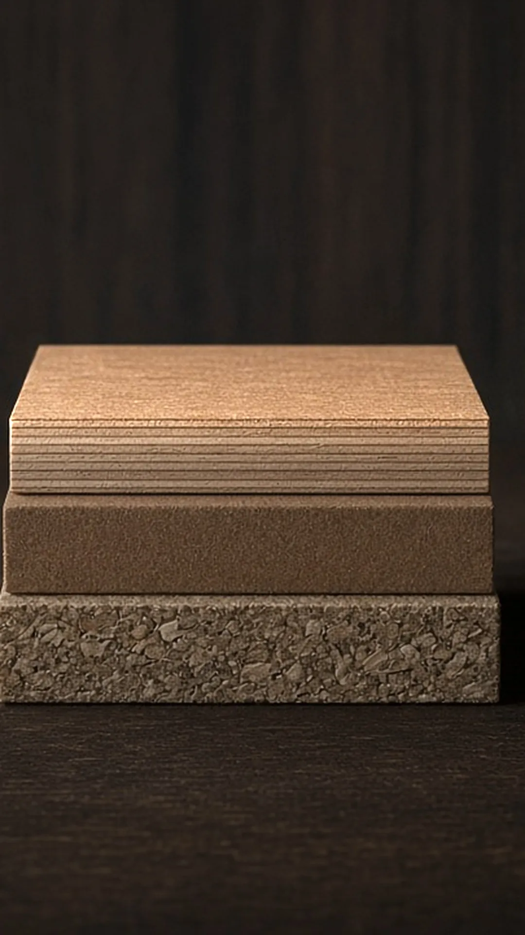Edges of plywood, fiberboard, and particleboard offcuts stacked on a plain workbench