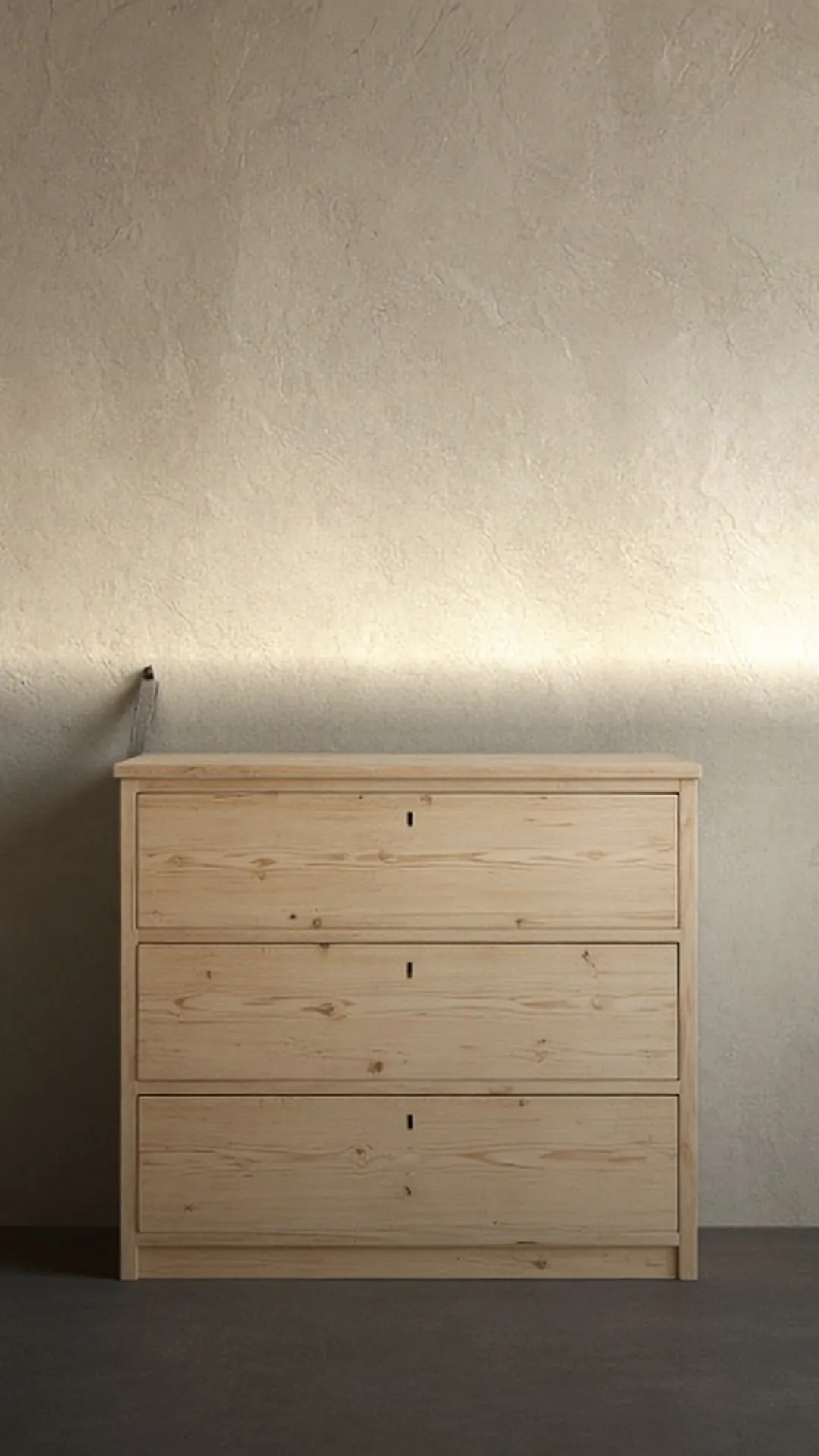A bare wood dresser, drawers closed, against a wall with a small strap at back