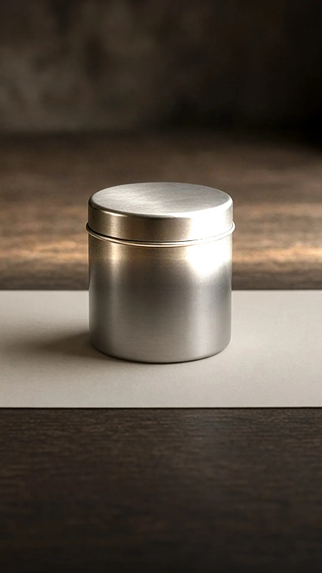 A closed unlabeled metal tin beside a blank sheet of paper on a workbench