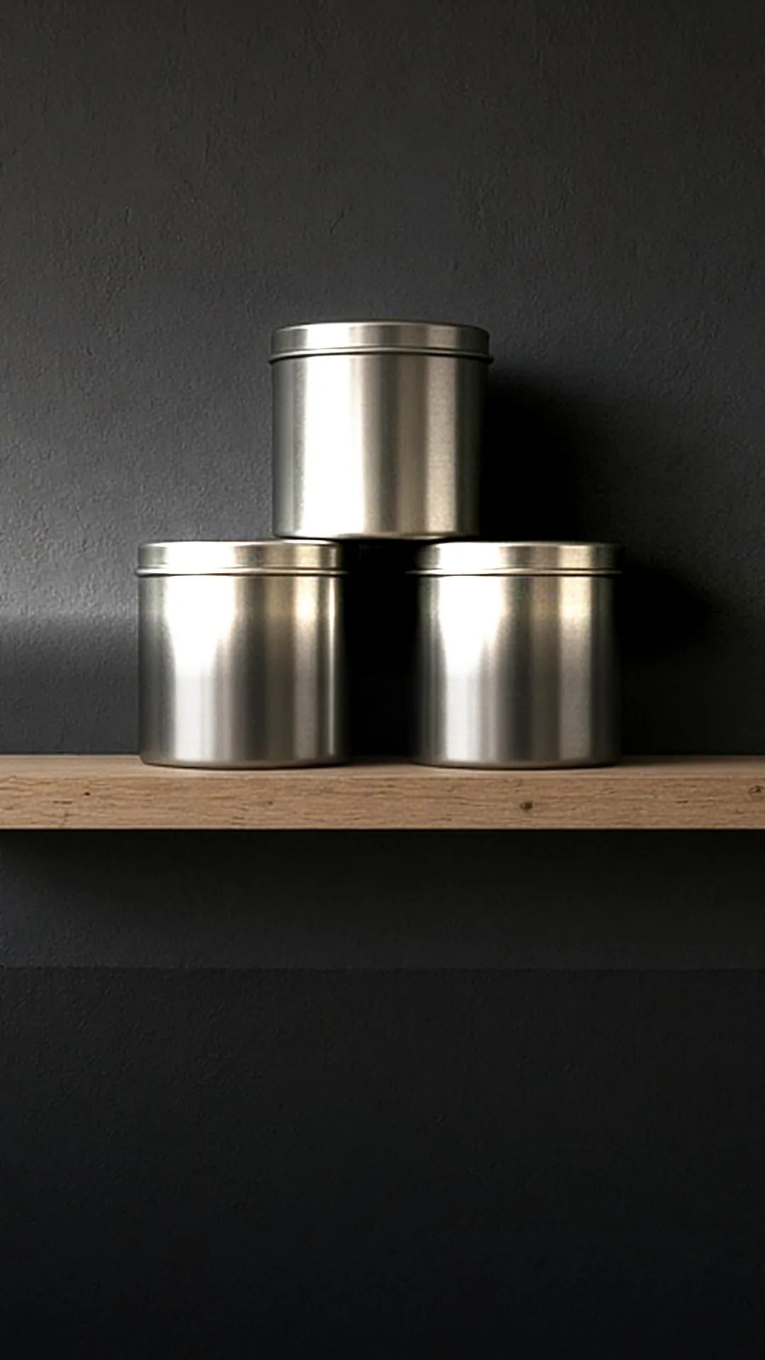 Three closed unlabeled metal tins stacked on a wood shelf against a dark wall
