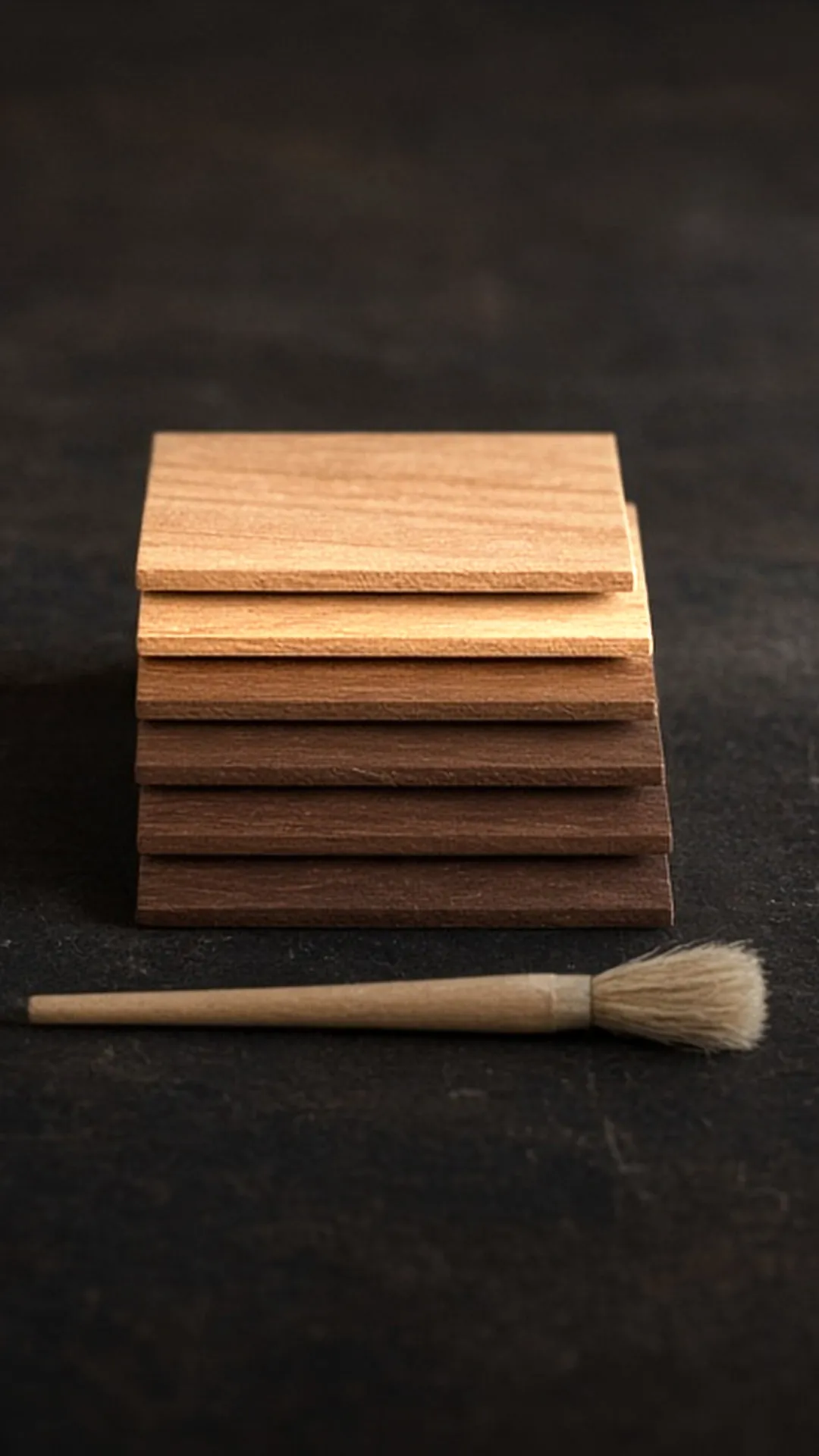 A stack of small wood sample boards in warm brown tones beside a dry brush
