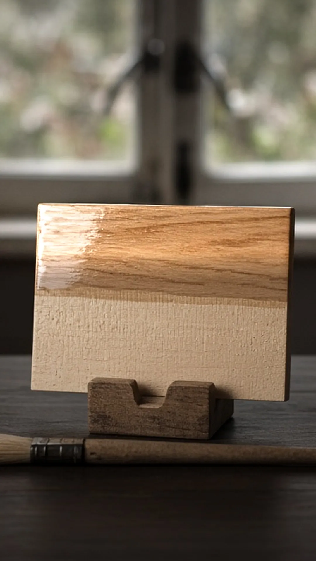 A wood board half coated in a dry clear finish beside a clean brush