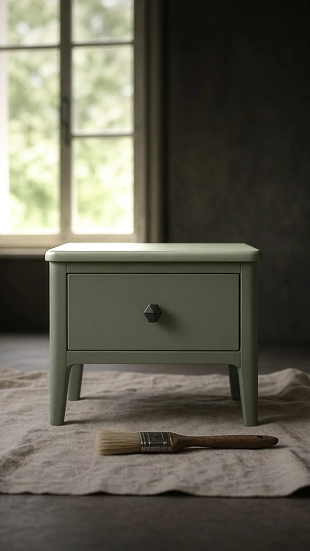 A small new side table painted matte sage, dry, on a drop cloth by a window