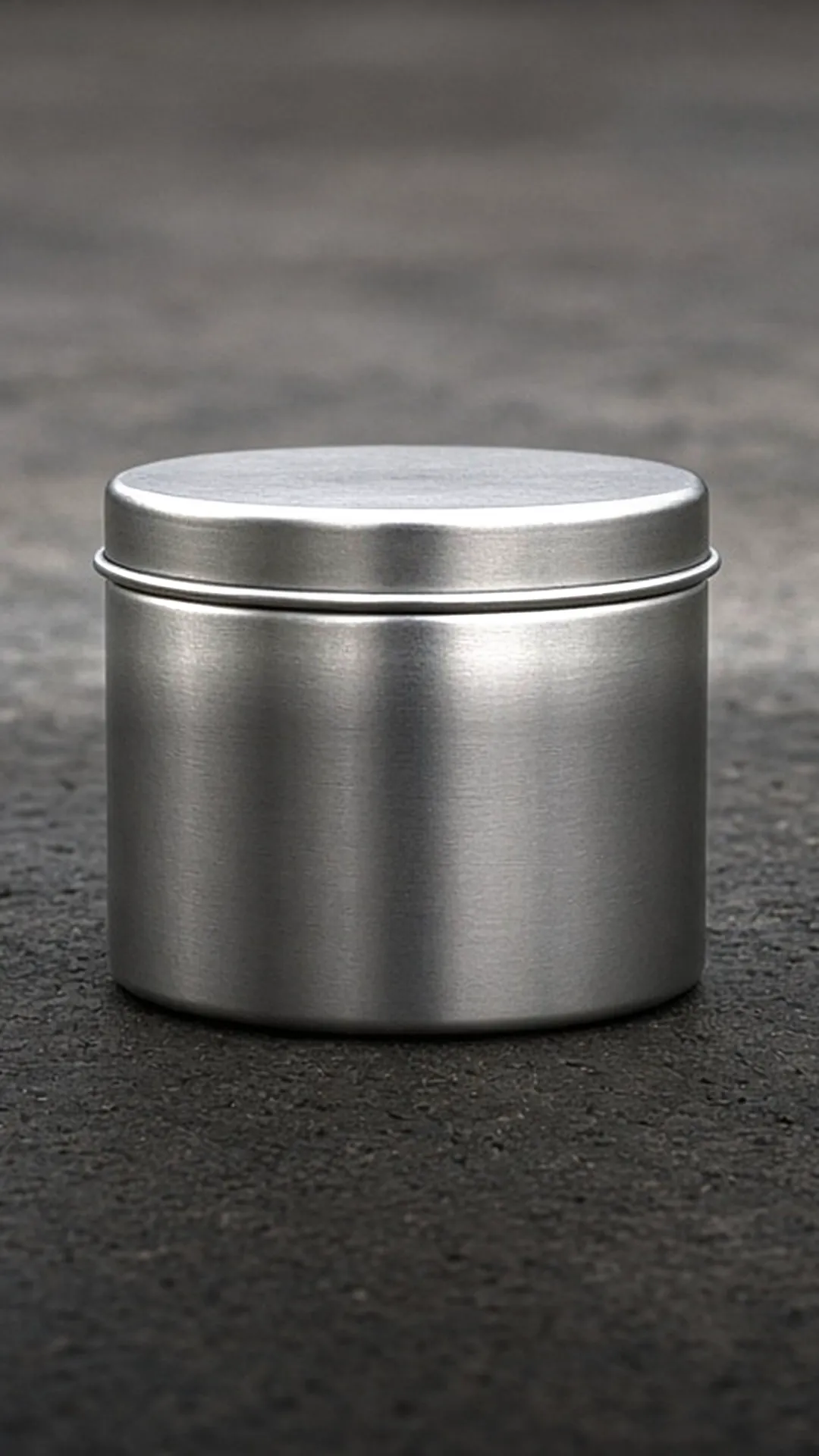 A closed plain metal container with a tight lid on a dark concrete surface