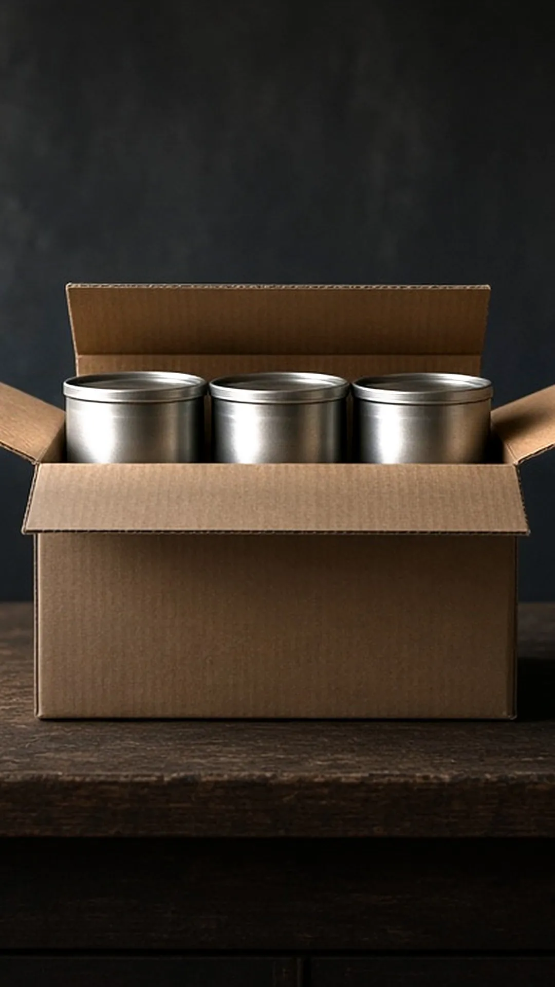 Three closed unlabeled metal tins in a plain open cardboard box on a dark workbench