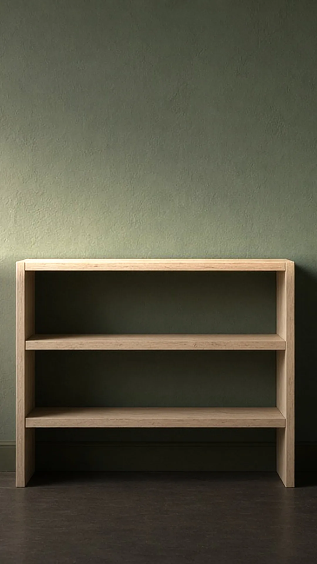 A low, empty, bare unfinished wood bookcase standing flat against a sage green wall