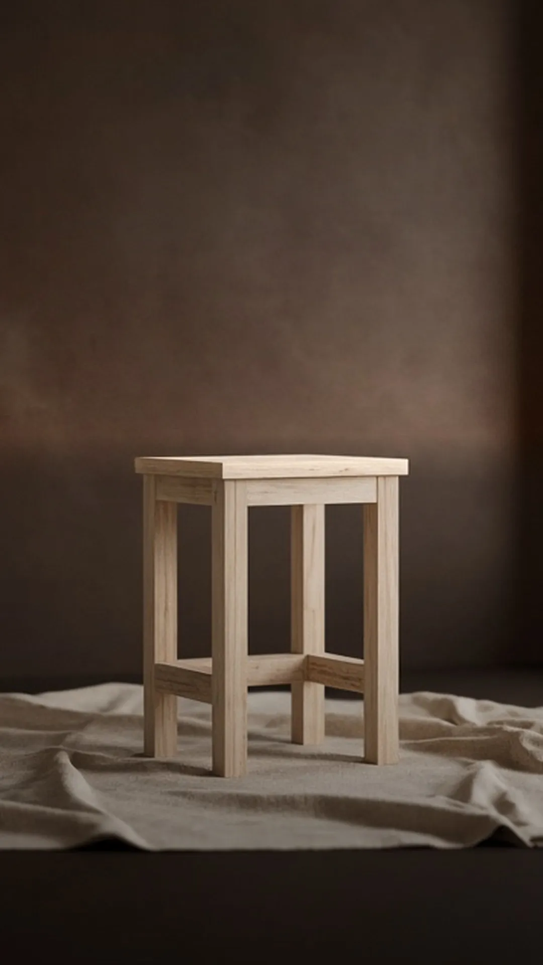 A bare wood side table on a rumpled drop cloth against a dark brown wall