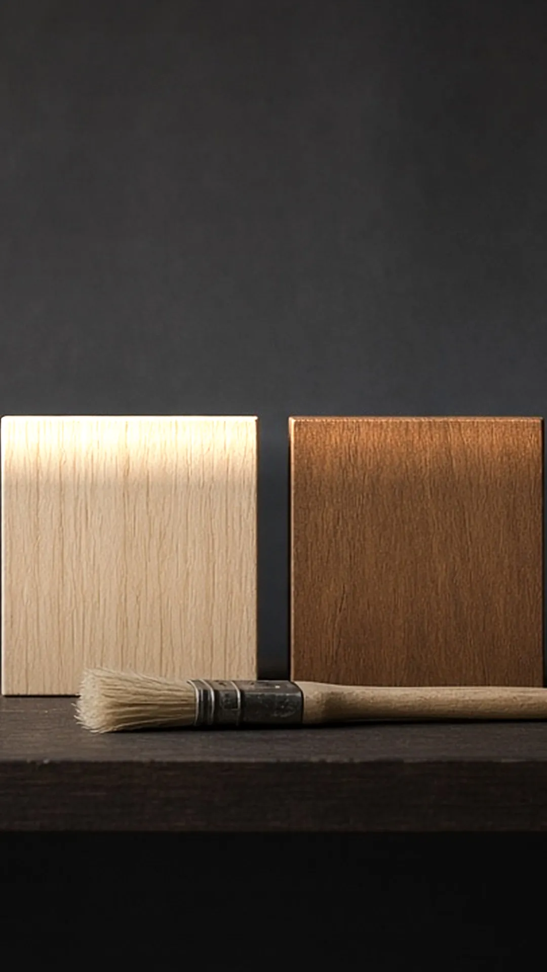 Two small wood boards, one bare and one finished, beside a clean dry brush