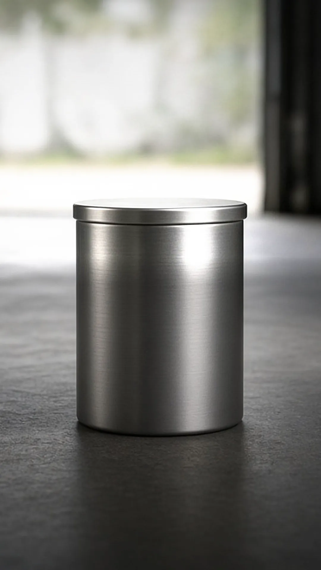 A closed plain metal container with a tight lid on a concrete floor in daylight