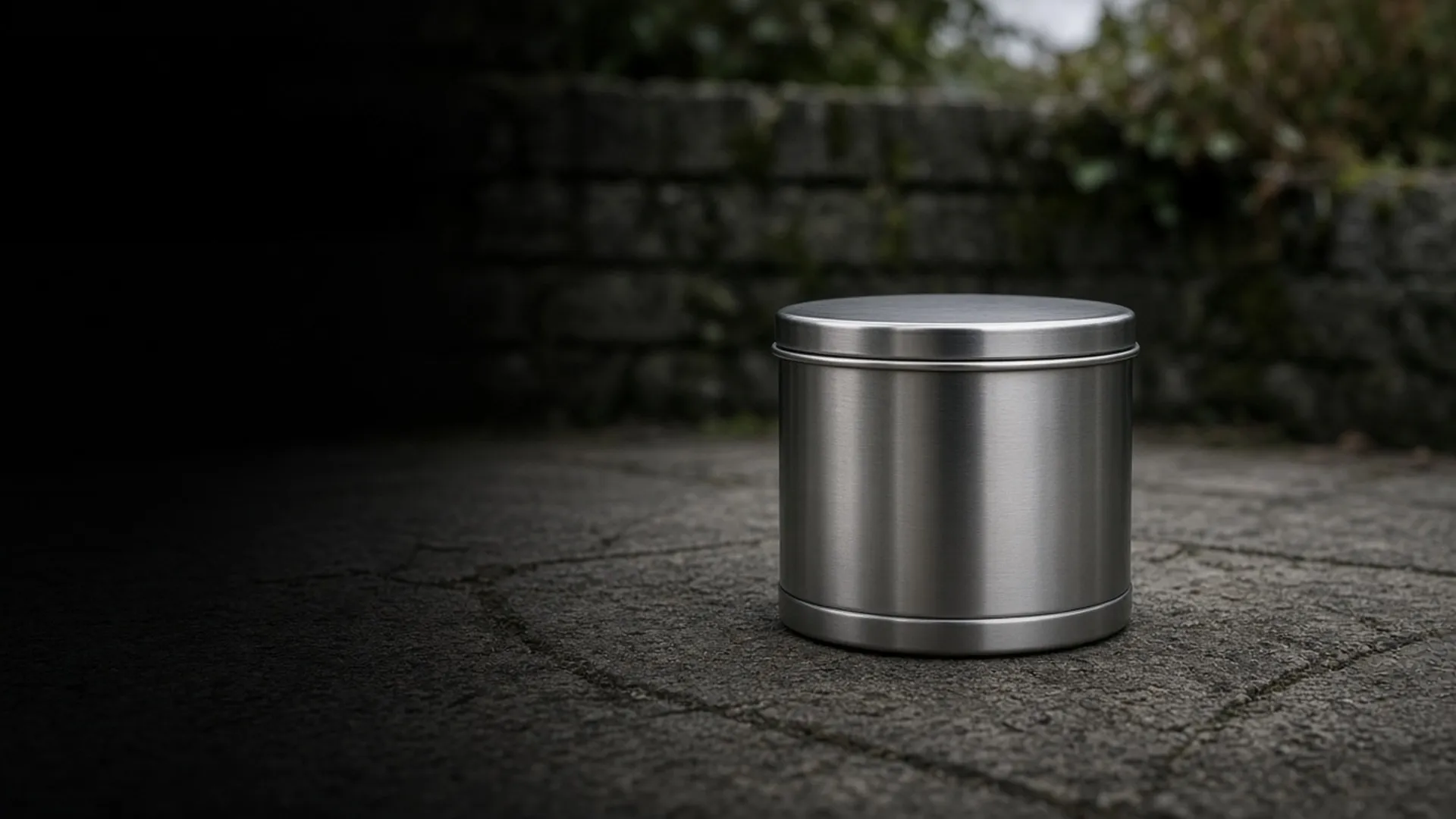 A closed plain metal container with a tight lid on bare concrete outdoors