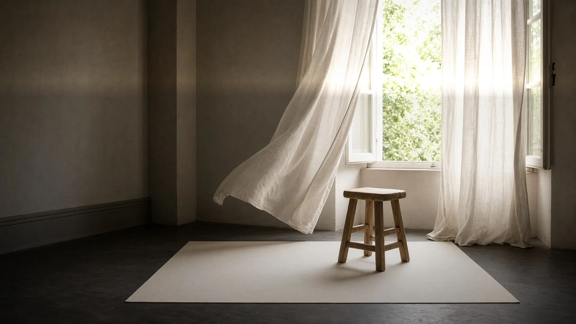 A bare wood stool on a plain drop cloth in front of a wide open window