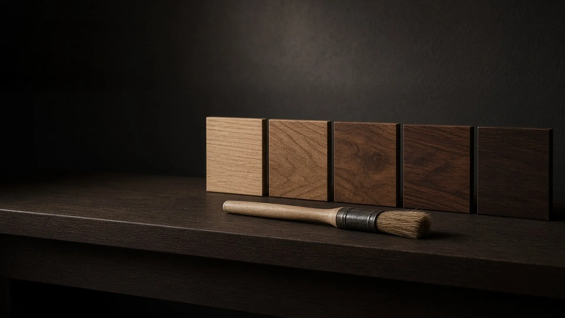 A row of small wood sample boards in warm brown tones beside a dry brush